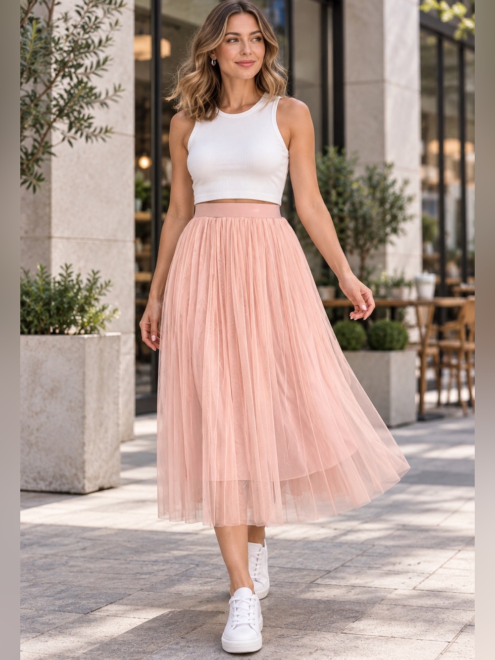 Women's Pleated Midi Skirt - Soft Pink